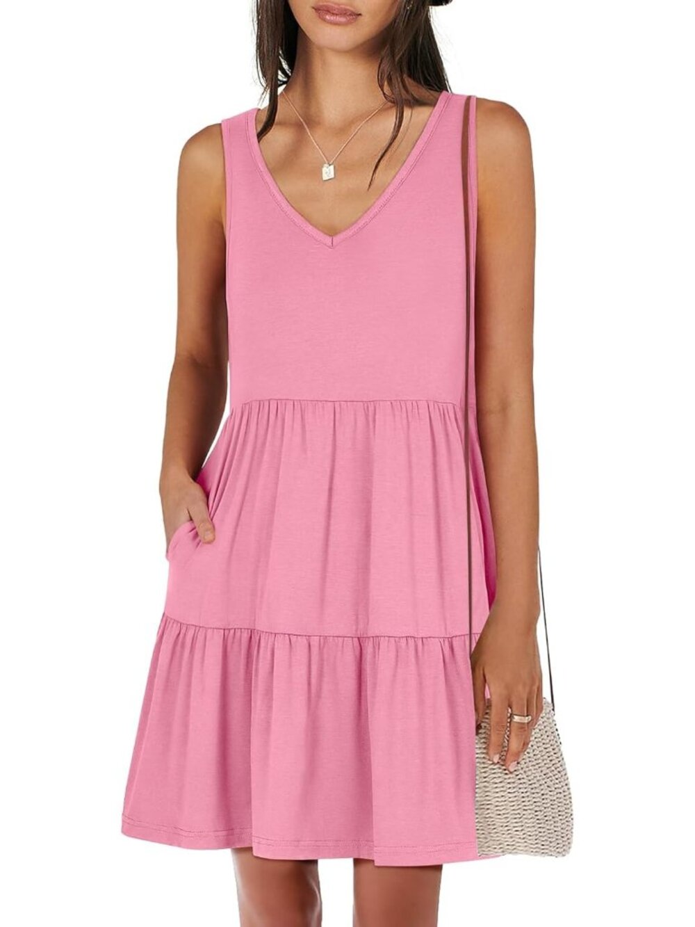 Women's Light Pink Summer Casual Tank Dress Sleeveless V Neck T Shirt Sundress